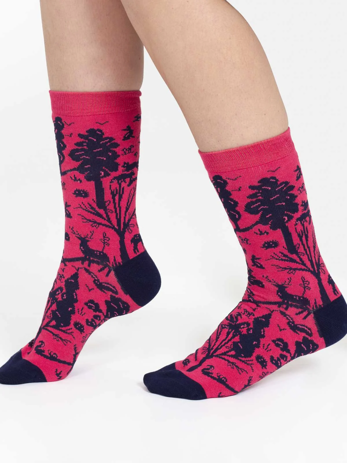 Woodland Scene Organic Cotton Crew Socks - Pink Navy - Flockneti