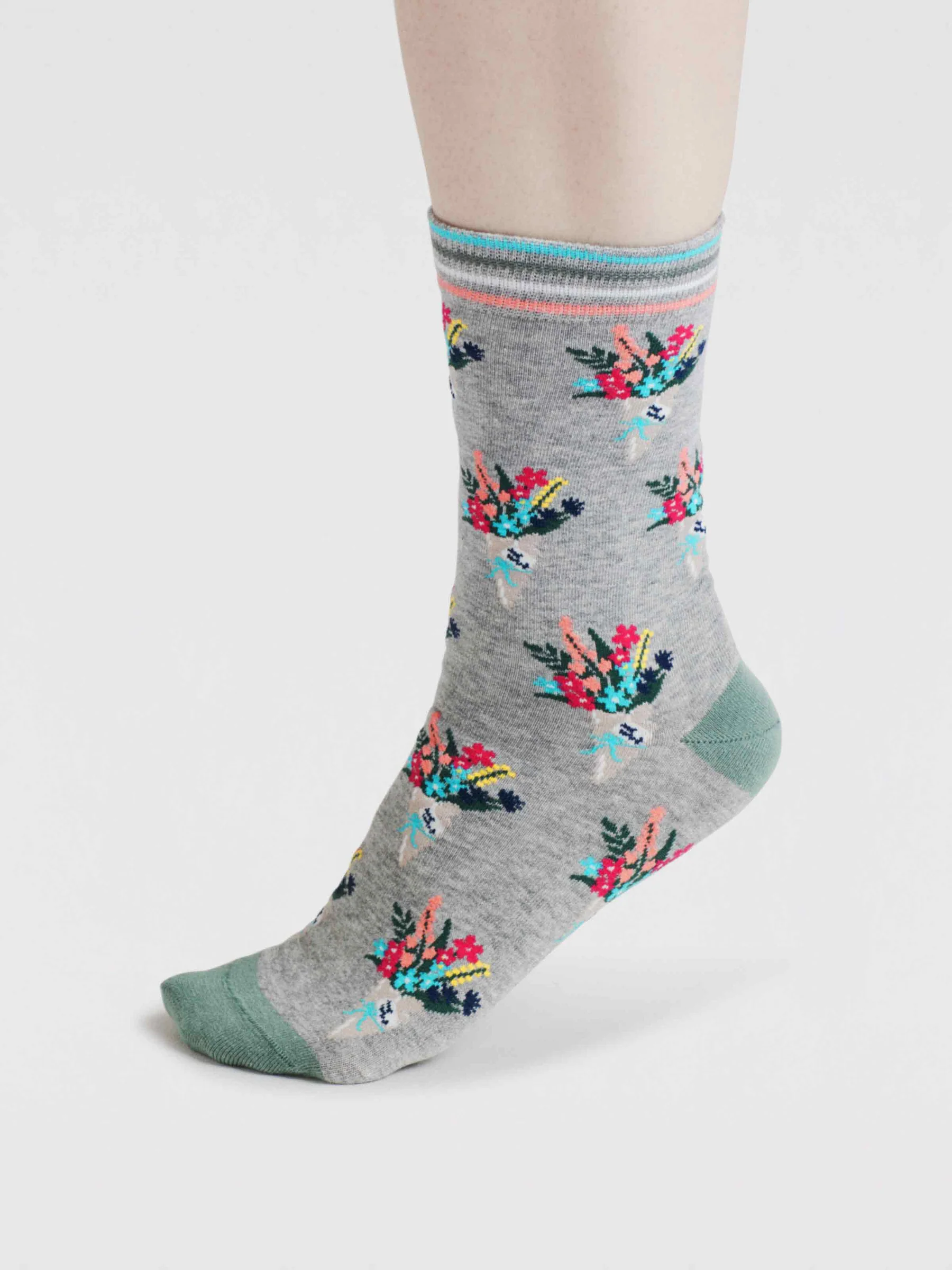 Ivie Floral Bouquet Organic Cotton Socks - Grey Marle - Flockneti