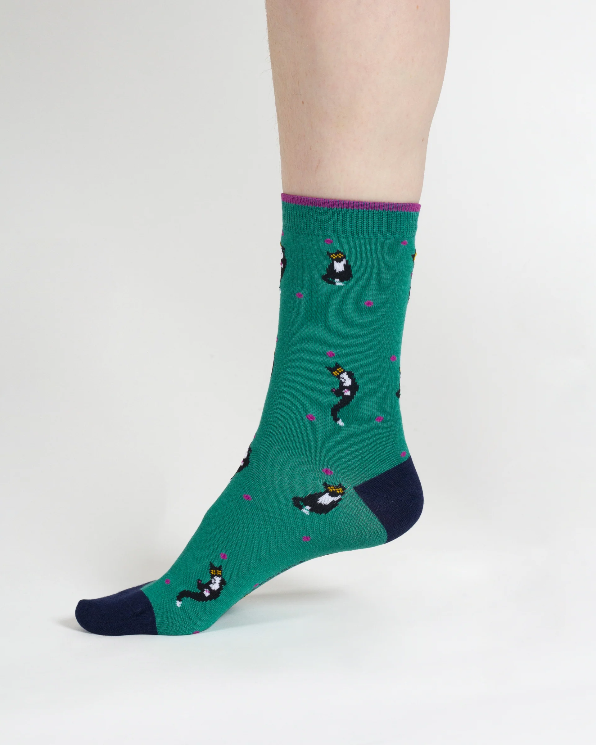 Stripe Floral And Cat Bamboo Gift Box of 7 Socks - Multi Blue Green - Flockneti