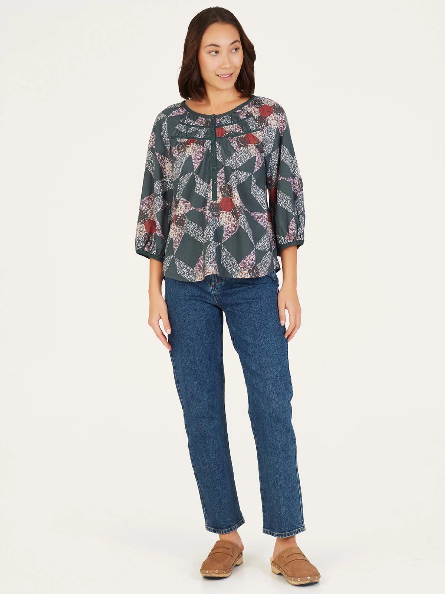 Tarni Hemp Patchwork Blouse - Dark Eucalyptus Green - Flockneti