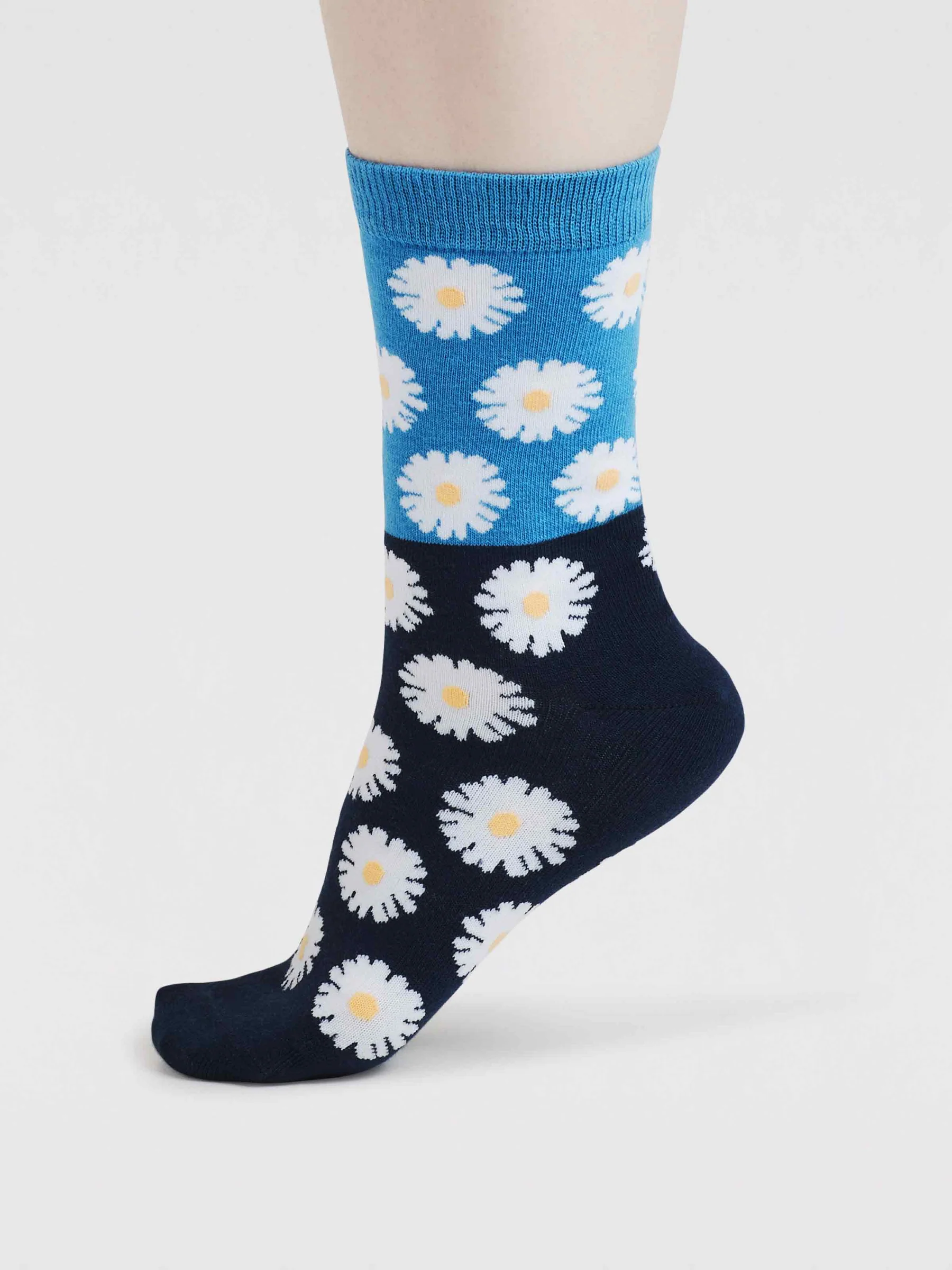 Womens Daisy Floral Organic Cotton Socks - Sea Blue - Flockneti