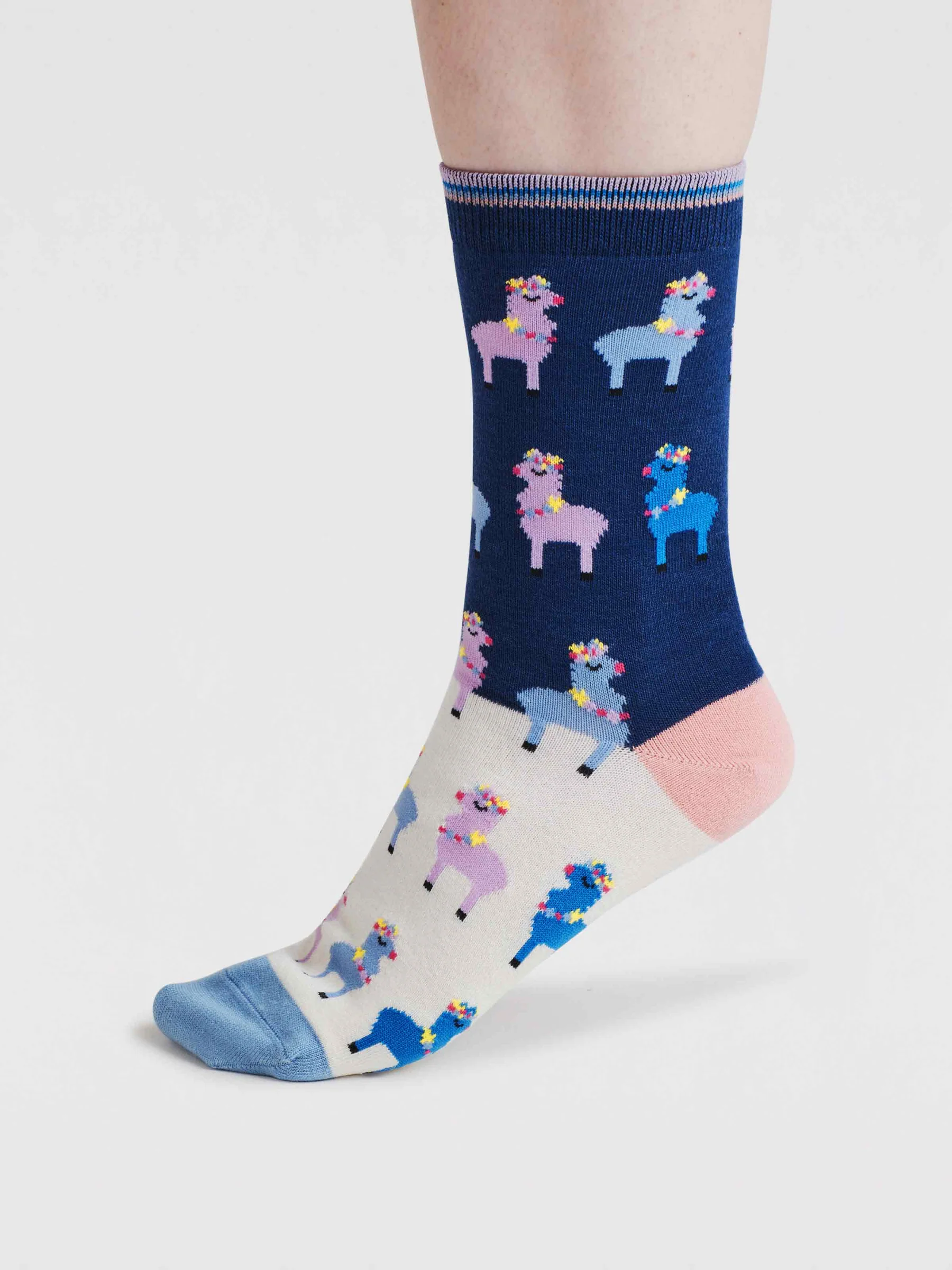 Womens Clara Rainbow Llama Organic Cotton Socks - Violet Blue - Flockneti