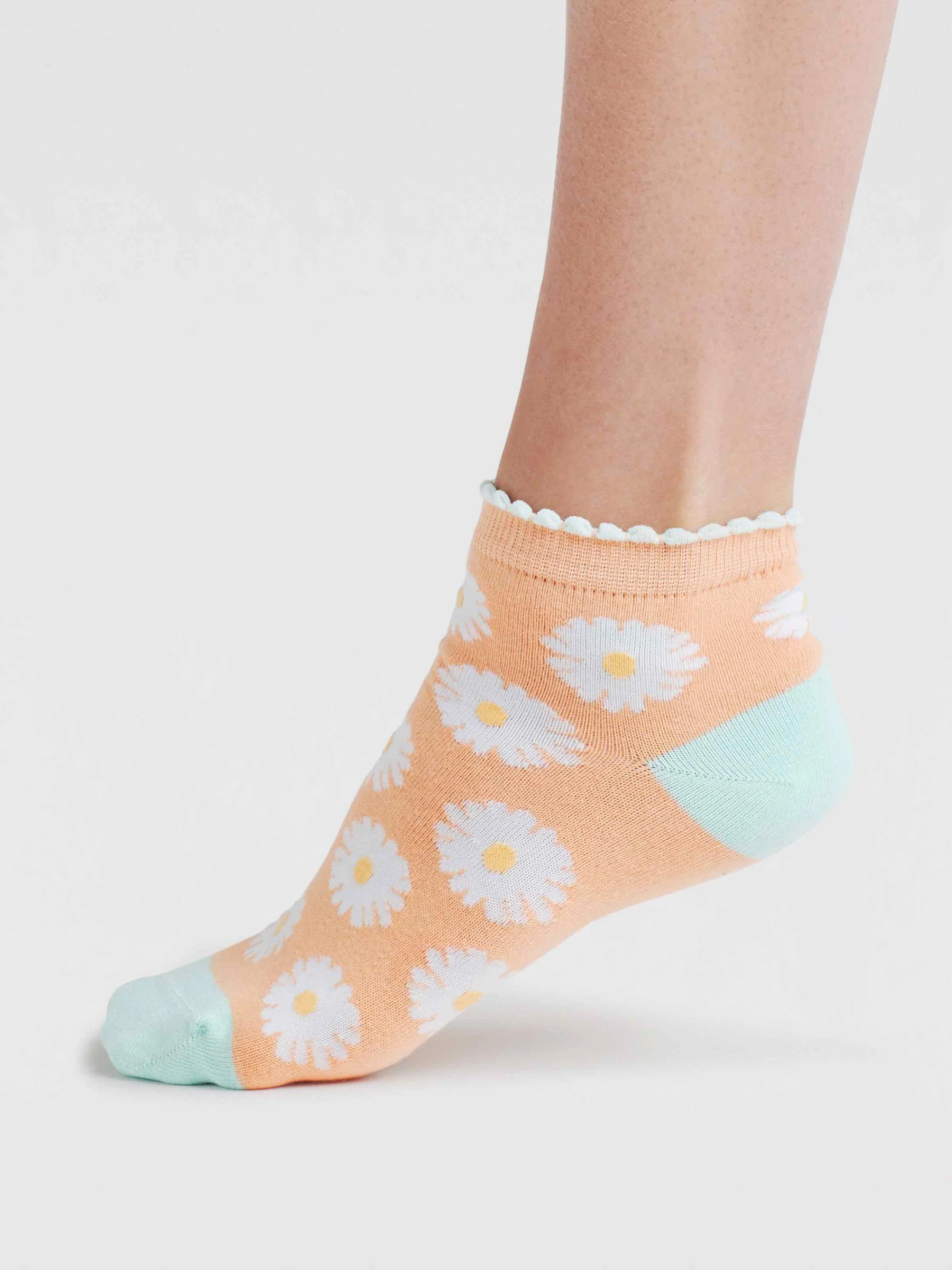 Womens Daisy Floral Organic Cotton Ankle Socks - Tangerine Orange - Flockneti