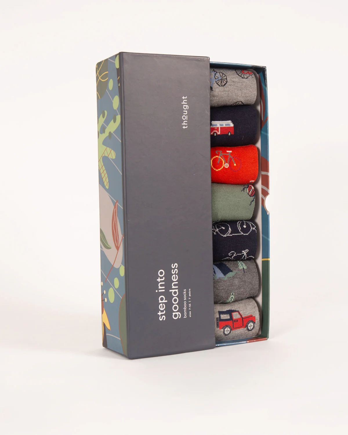Go Explore Bamboo Gift Box of 7 Socks - Grey/Navy/Green/Orange - Flockneti