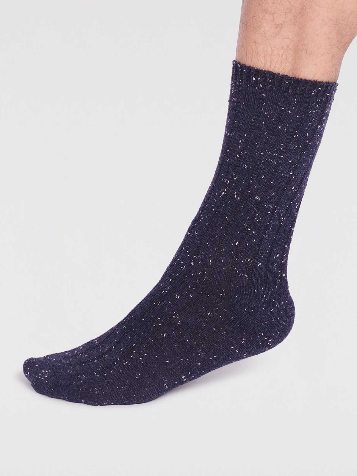 Aaron Ribbed Wool Blend Fleck Socks - Navy - Flockneti