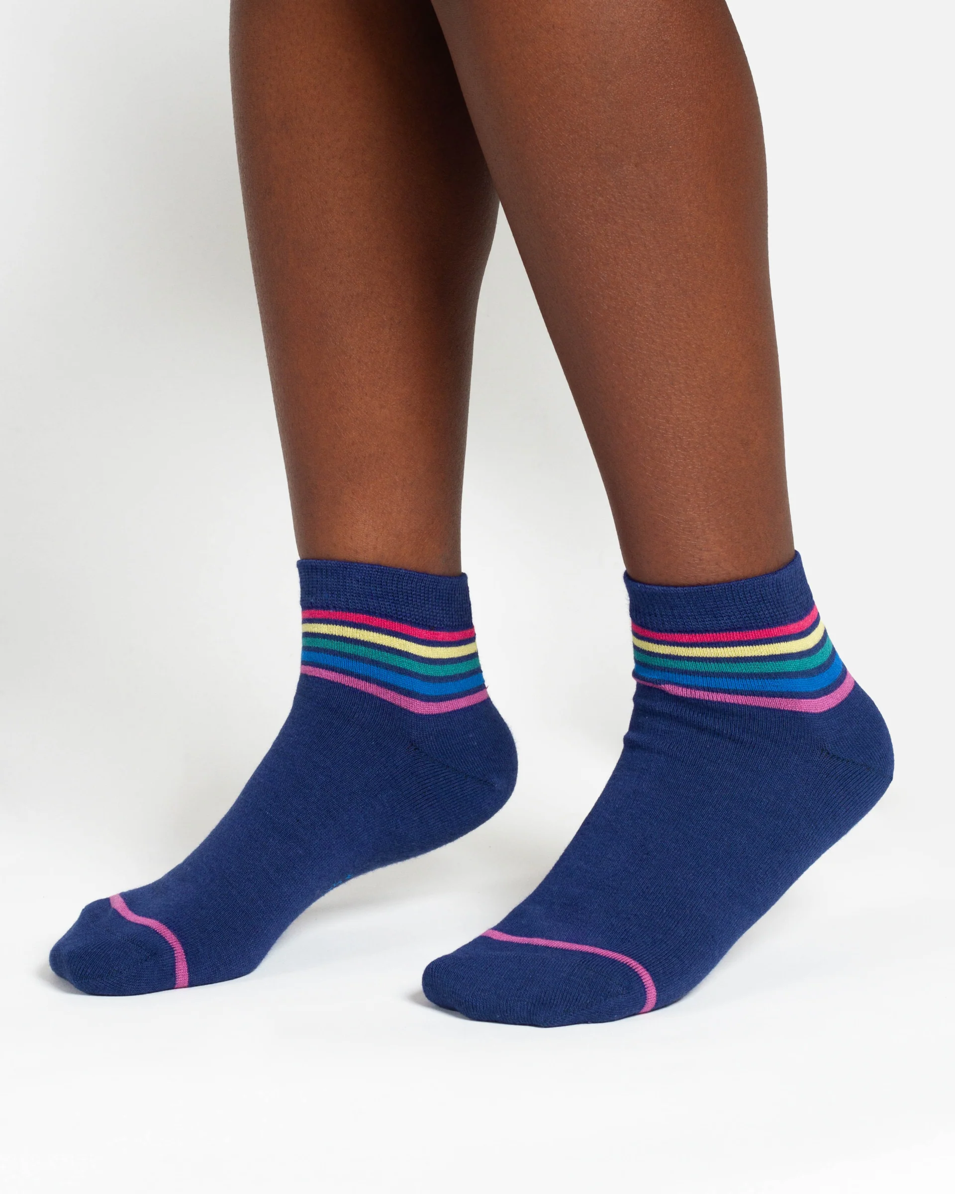 Rainbow Stripe Tipped Short Bamboo Ankle Socks - Blue Rainbow - Flockneti
