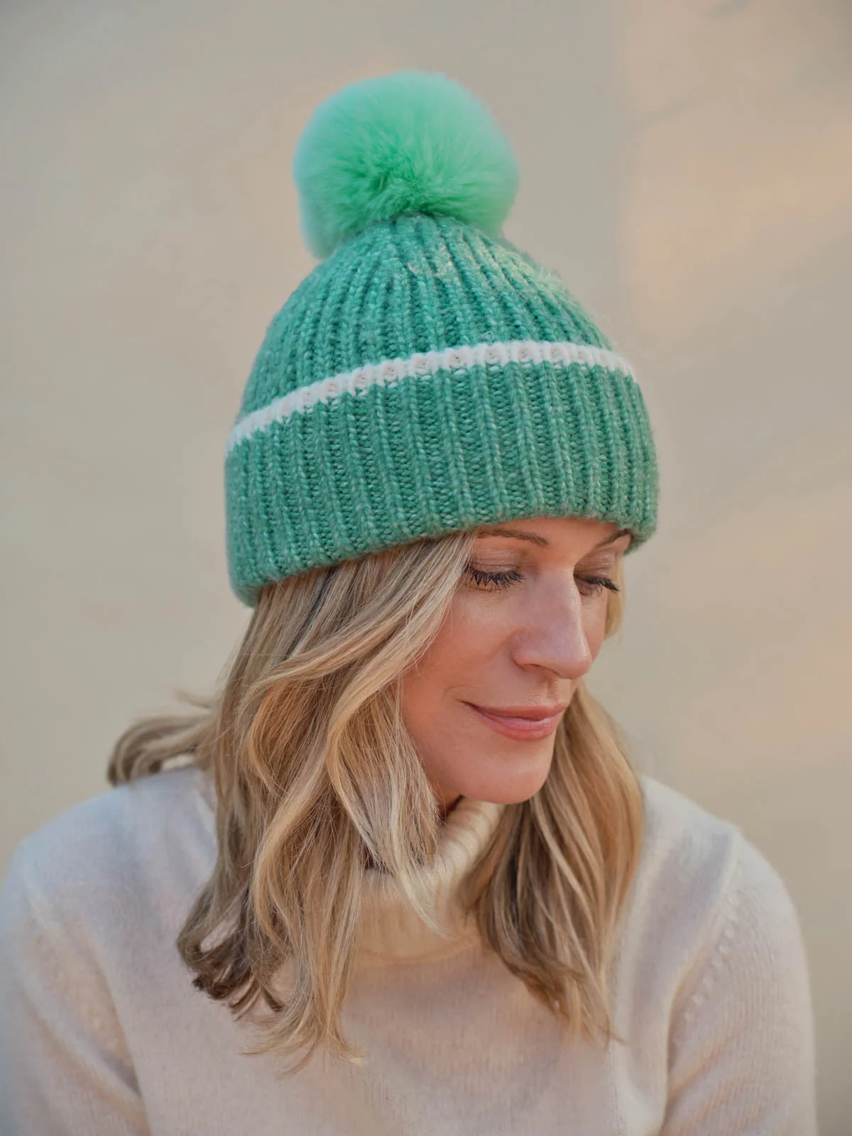 Half Cardi Chunky Beanie With Tipping - Green/Cream - Flockneti