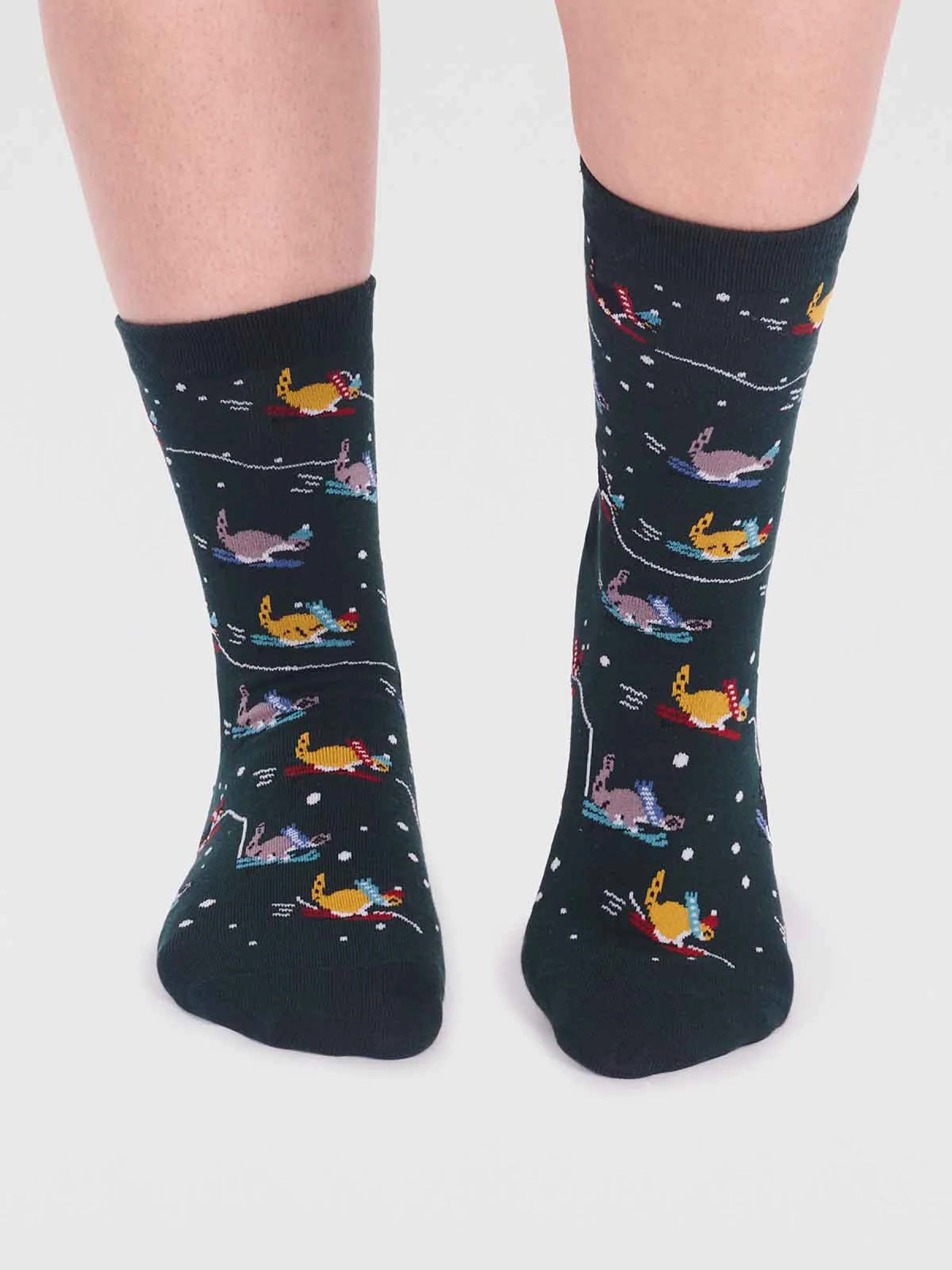 Amaryllis Organic Cotton Skiing Cat Sock - Forest Green - Flockneti