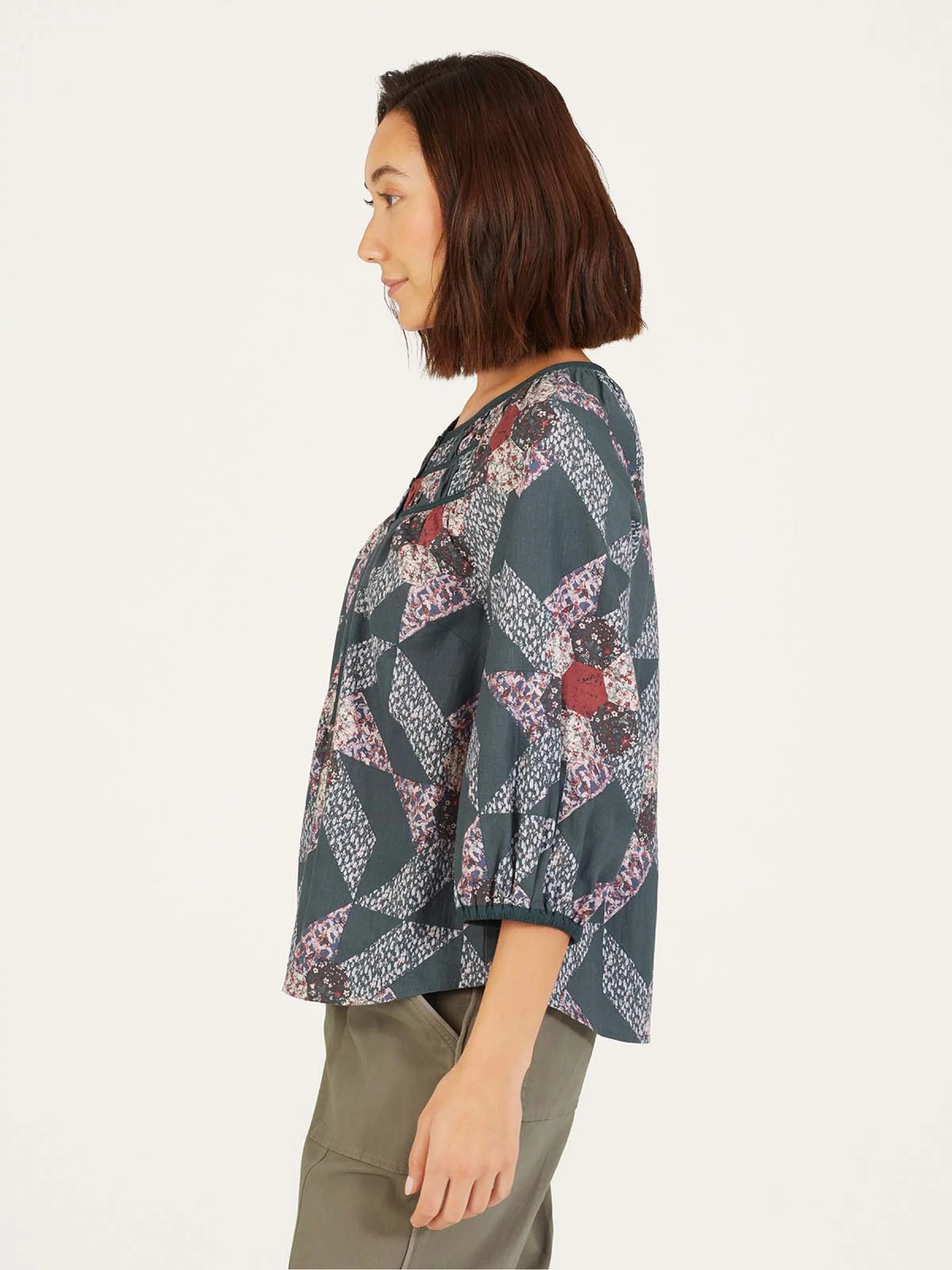 Tarni Hemp Patchwork Blouse - Dark Eucalyptus Green - Flockneti