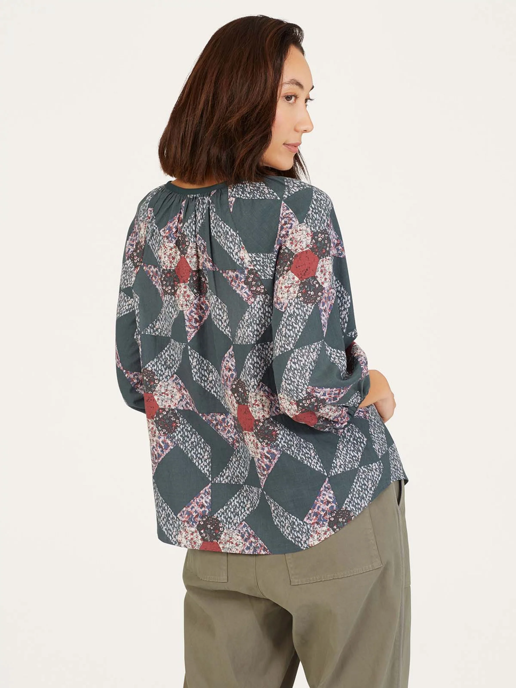 Tarni Hemp Patchwork Blouse - Dark Eucalyptus Green - Flockneti