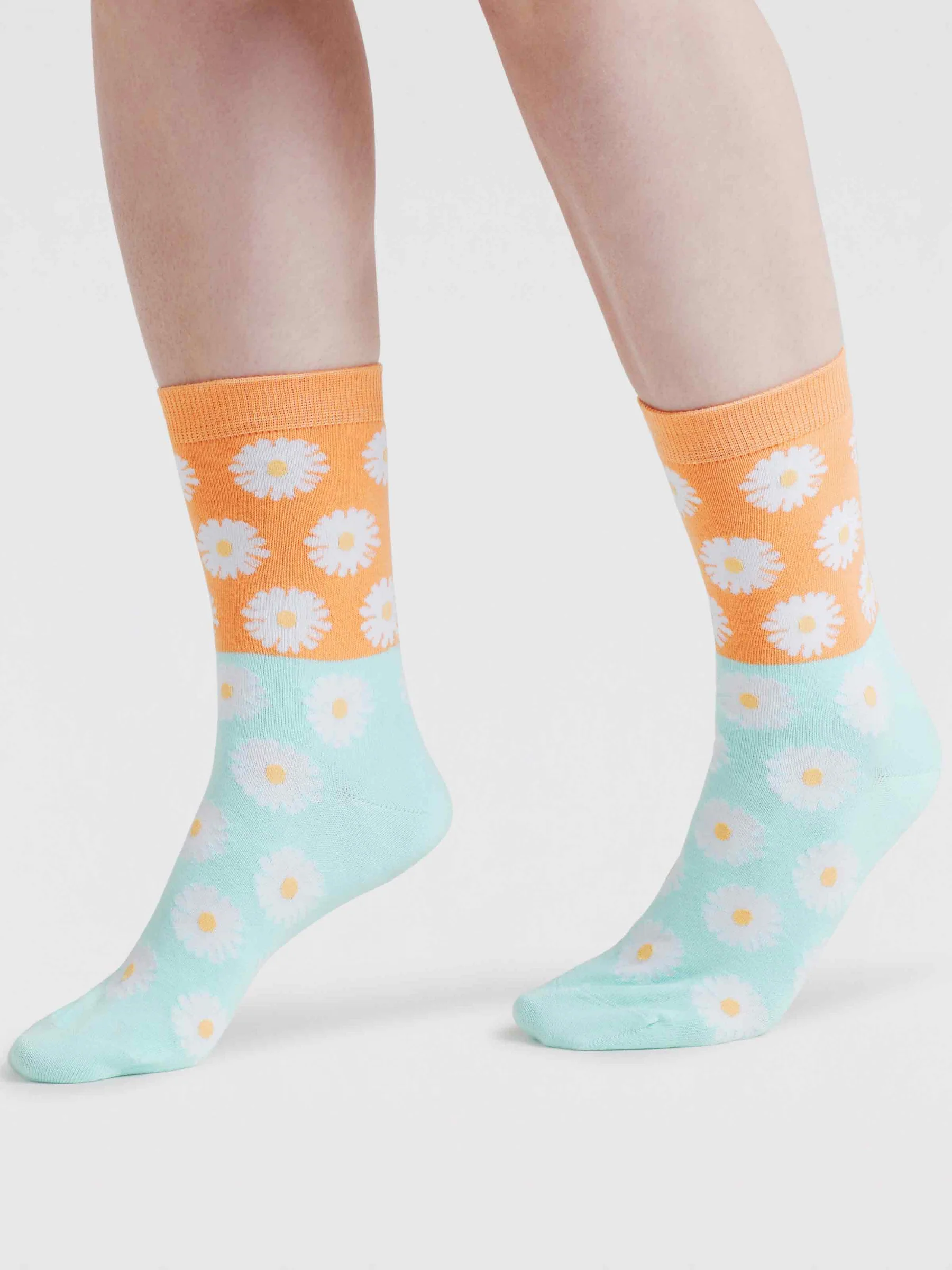 Womens Daisy Floral Organic Cotton Socks - Tangerine Orange - Flockneti