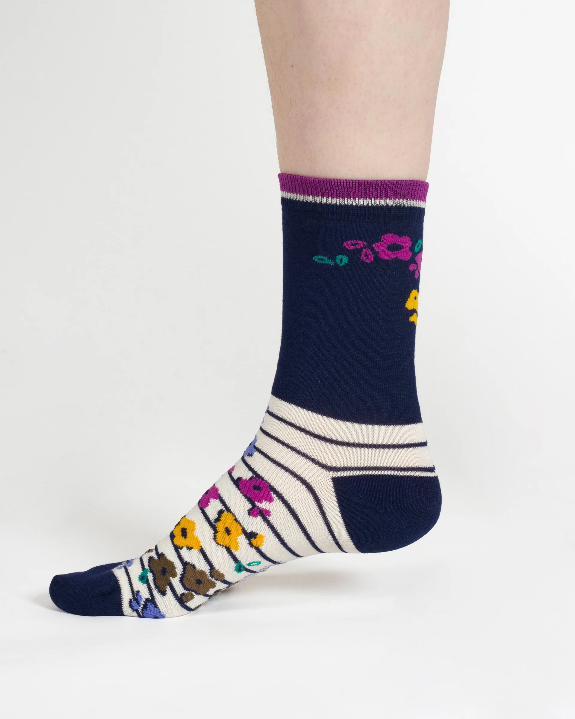 Stripe Floral And Cat Bamboo Gift Box of 7 Socks - Multi Blue Green - Flockneti