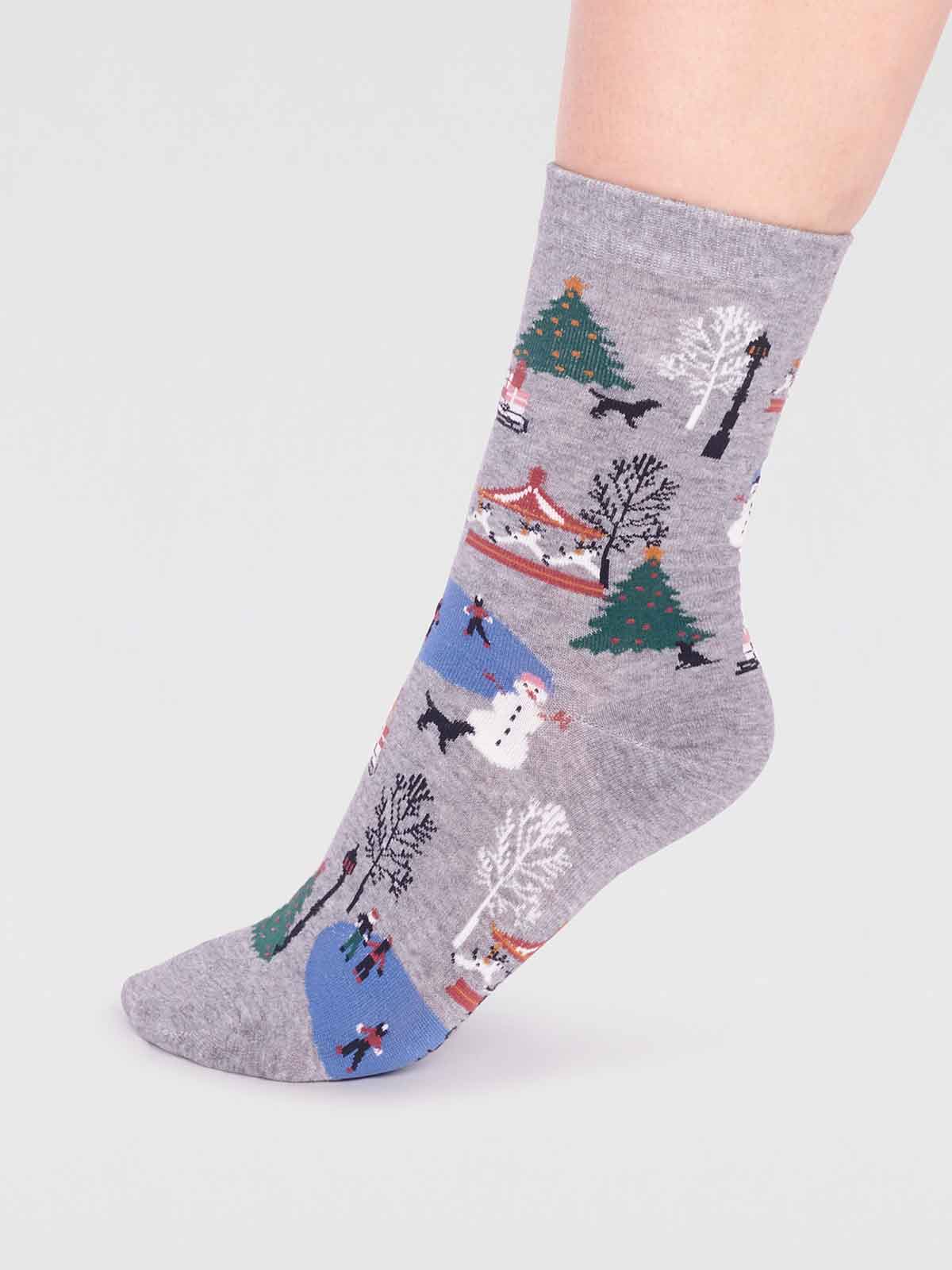 Gloria Organic Cotton Christmas Scene Sock - Grey Marle - Flockneti